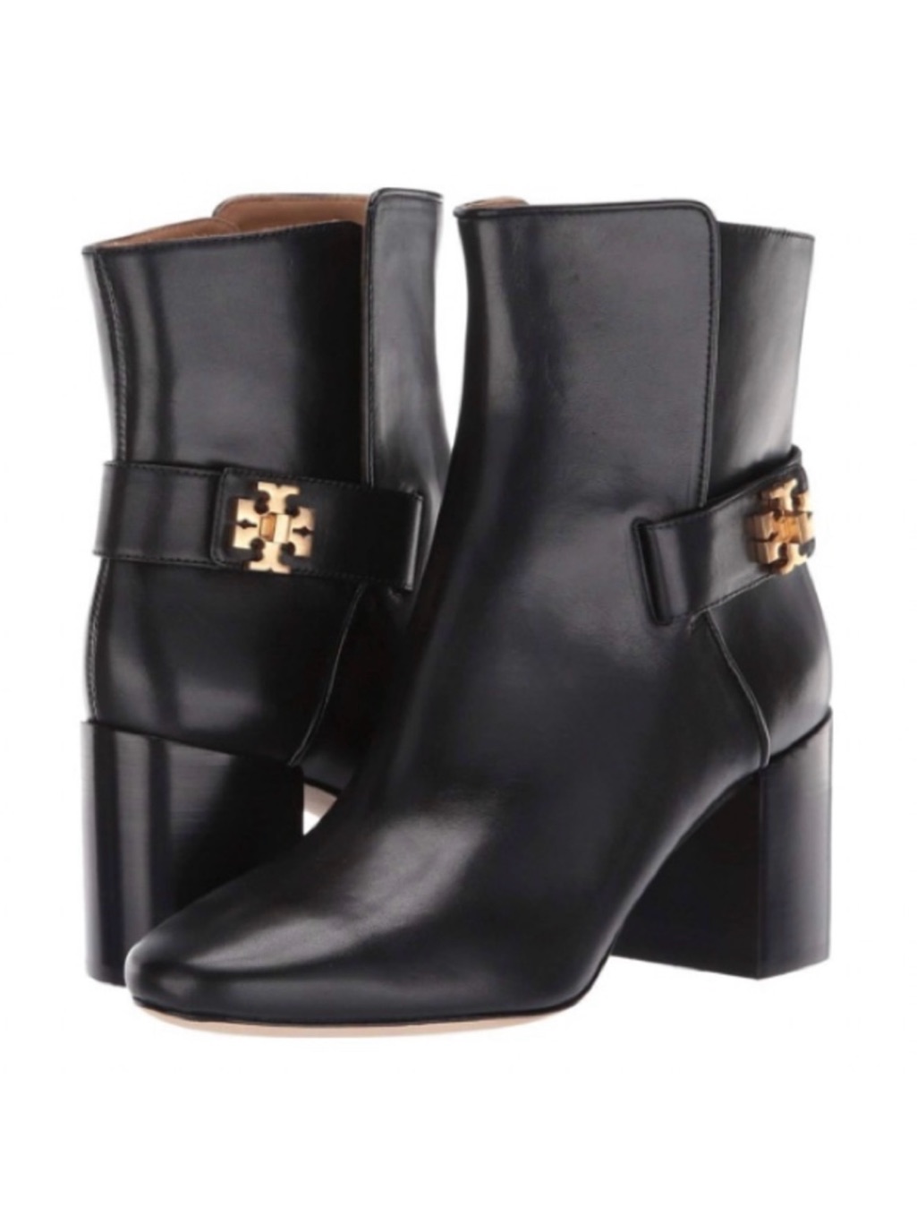 Tory Burch Black Leather Block Heel Ankle Booties With Gold Logo